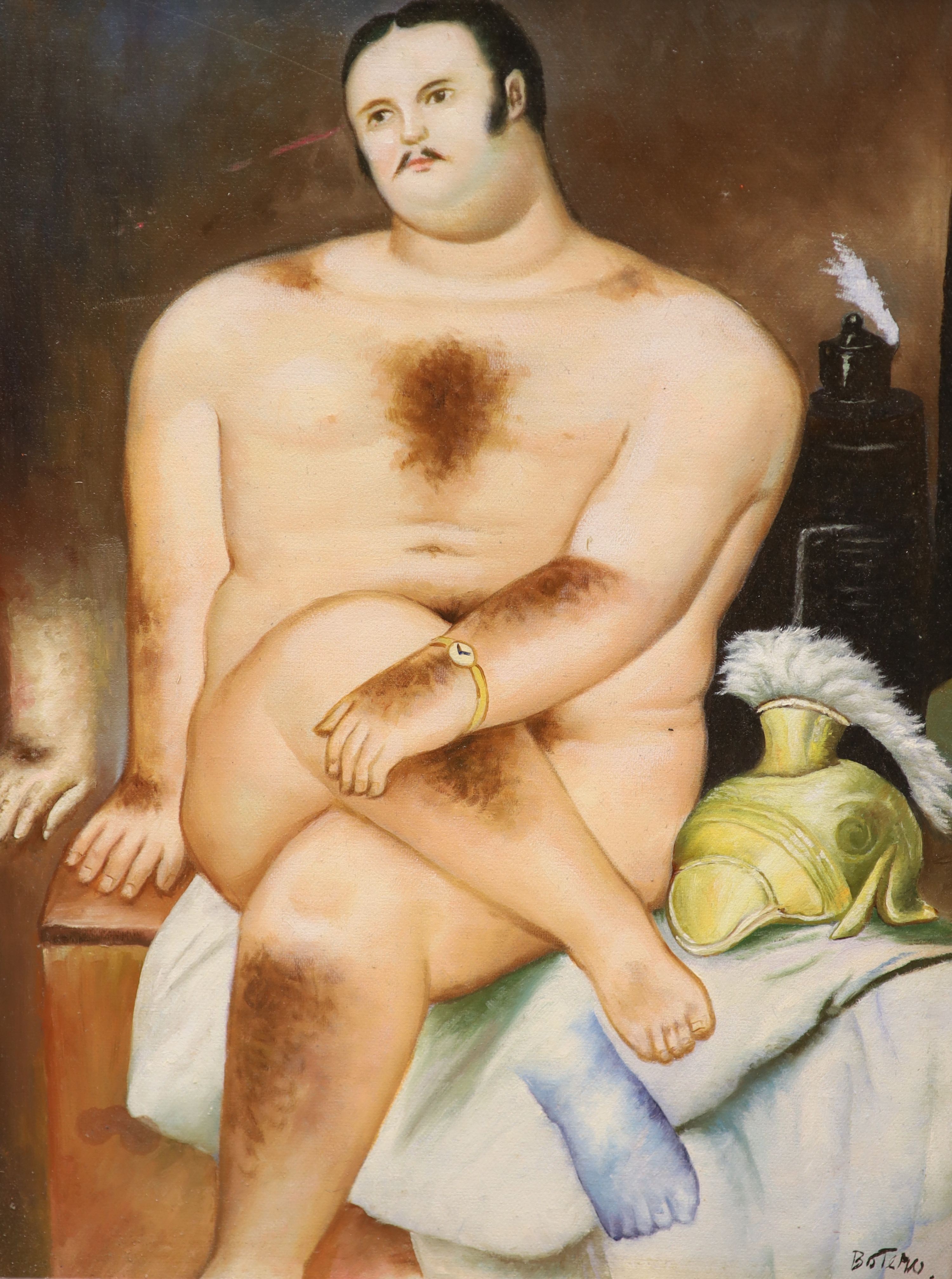 After Botero, oil on board, Seated male nude, bears signature, 44 x 34cm